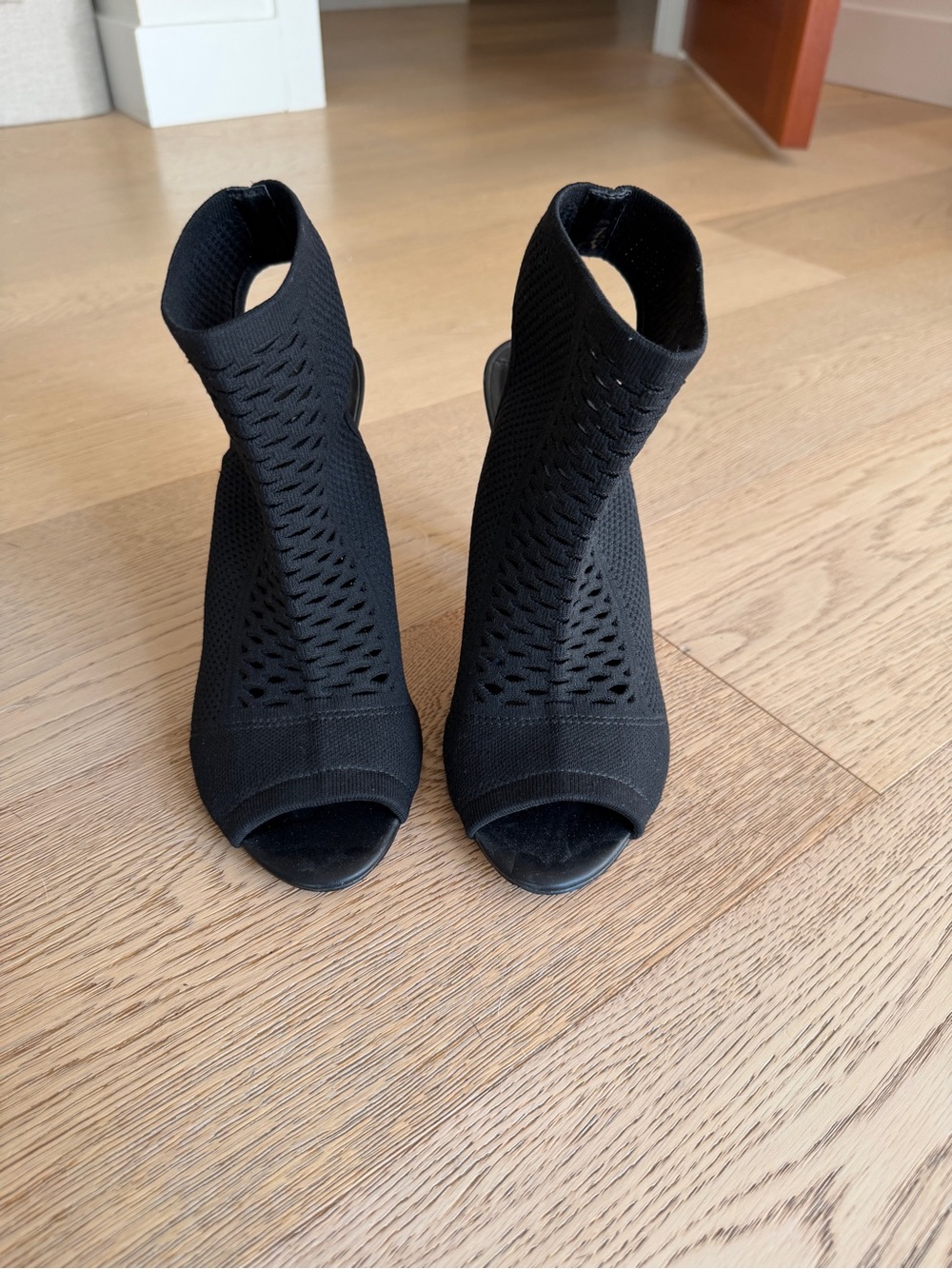 Leith Black Knit Peep-Toe Sock Booties